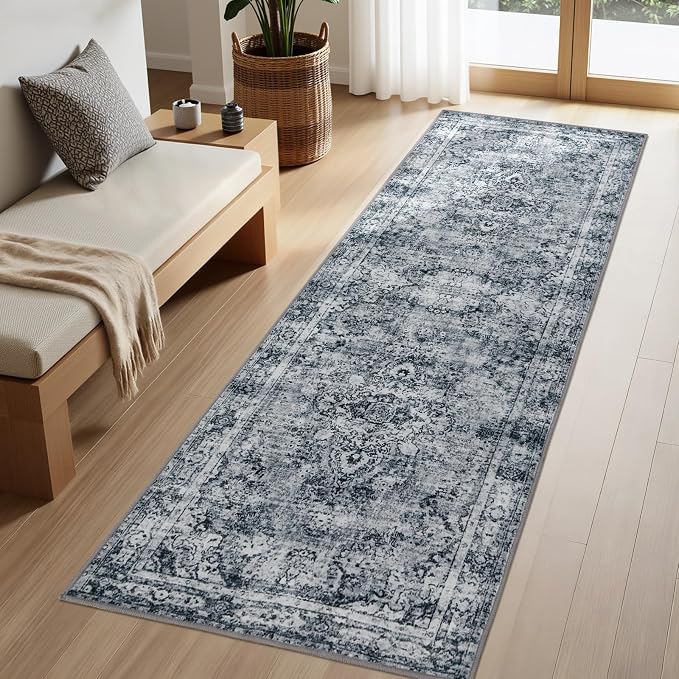Joydeco Washable 2x5 Hallway Runner Rug Vintage, Light Grey | Water Resistant Low Pile Non Slip Backing for Kitchen Entryway Bathroom Dining Room