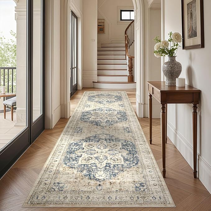 Tortania Area Rug 3x10 Runner Rugs - Washable Vintage Oriental Farmhouse Thin Indoor Carpet for Living Room Bedroom Hallway Entryway Kitchen Under Dining Table Home Office - Cream/Blue