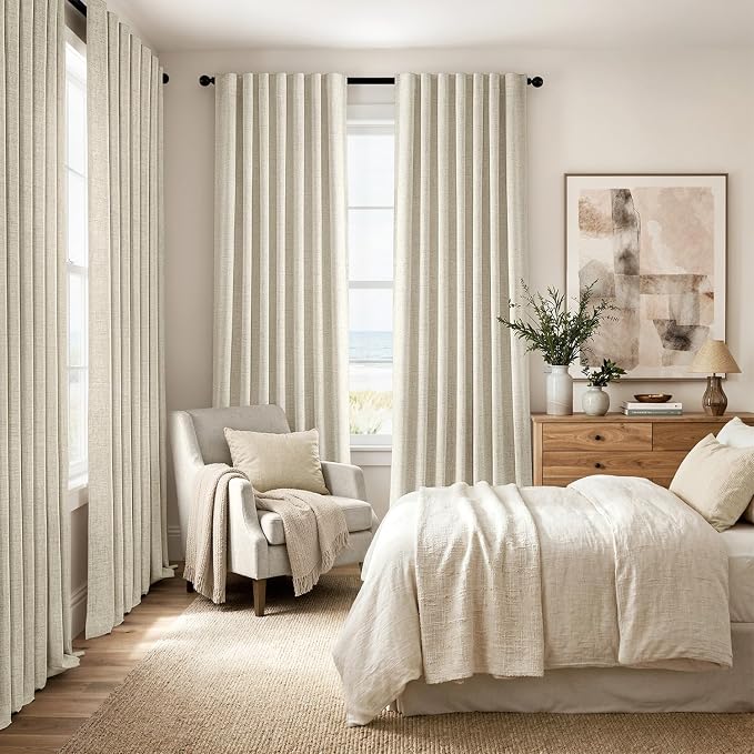 MIULEE 100% Blackout Linen Curtains for Bedroom 42 x 84 Inch Cream 2 Panels | Thermal Insulated, Room Darkening Drapes for Living Room, Back Tab Rod Pocket Pinch Pleated, Solid Luxury Decor