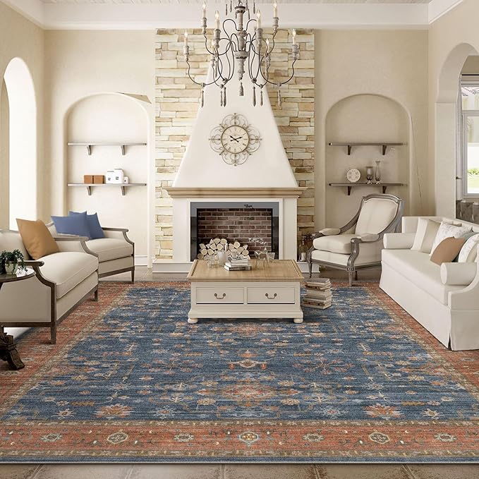 10x14 Area Rug for Living Room- Machine Washable Soft Oriental Vintage Large Indoor Floor Carpet for Bedroom Under Dining Table Home Office Decor - Blue Terracotta