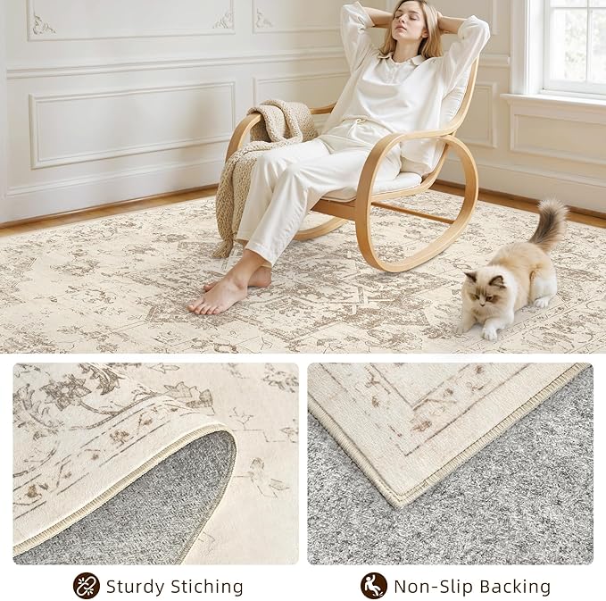 2'6''x8' Hallway Washable Runner Rug: Vintage Boho Neutral Kitchen Rug Soft Small Area Rug Indoor Floor Non-Slip Low Pile Carpet for Farmhouse Entryway Laundry Bathroom Bedroom Beside Rugs Beige/Ivory