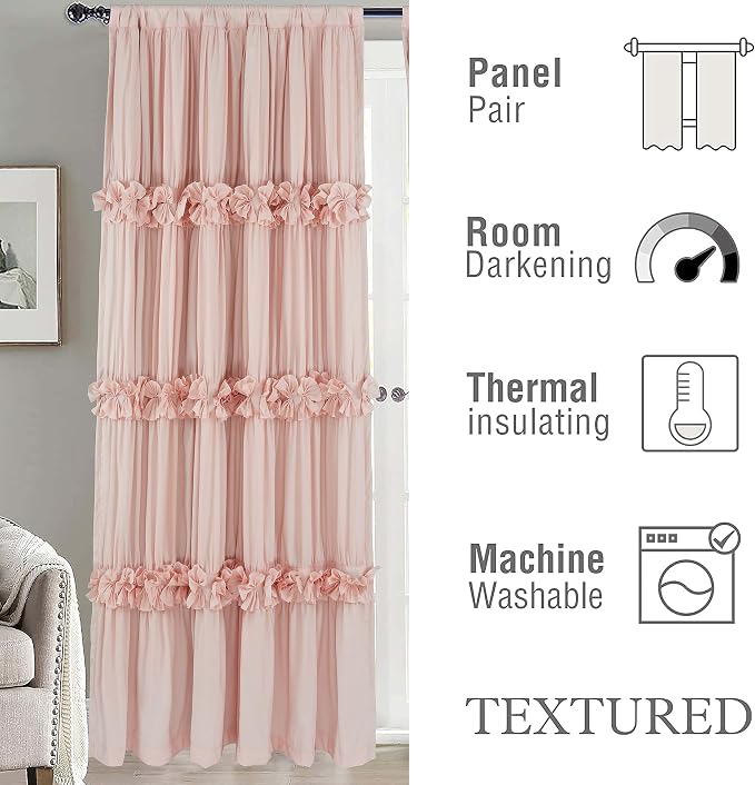 Homechoice Decor Thermal Insulated Window Curtains, 54"W x 84"L x 2 Panels | Boho Ruched Blackout Window Treatments with 3 Rows of Butterfly Flowers, Rustic Rod Pocket Drapes, Peach Pink (LQ-30)