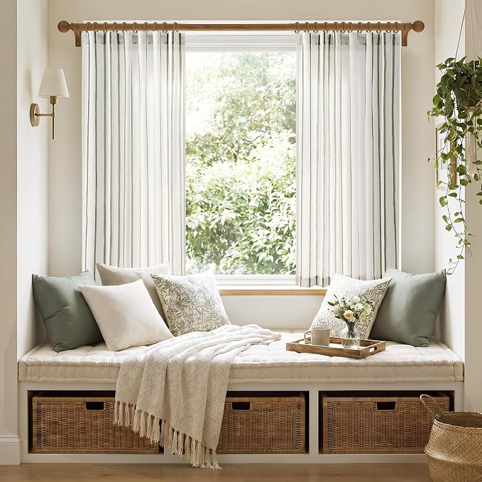 Vangao Striped Curtains Green on White Semi Sheer Curtains 63 Inches Long for Bedroom Living Room Modern Farmhouse Linen Textured Light Filtering Drapes 2 Panels Olive Green W50 x L63 Inch