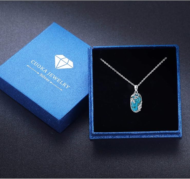 Oval Turquoise Life Of tree Necklace for Women S925 Sterling Silver Family Tree Necklace Lucky Turquoise Jewelry