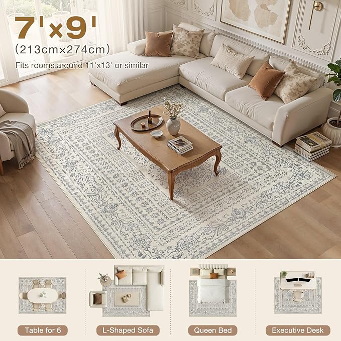 Nakagishi 7x9 Area Rugs Living Room: Washable Large Vintage Rug Neutral Non-Slip Soft Stain Resistant Indoor Carpet for Bedroom Nursery Dining Room Office Playroom - Blue/Beige