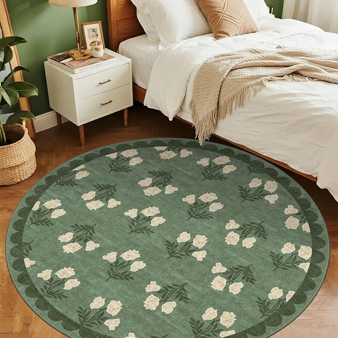 Sage Green 4ft Round Entry Rug - Soft Washable Floral Boho Vintage Scalloped Round Rug for Bedroom Non Slip Stain Resistant Circle Area Rugs for Living Room Entryway Bathroom Nursery Kids Room