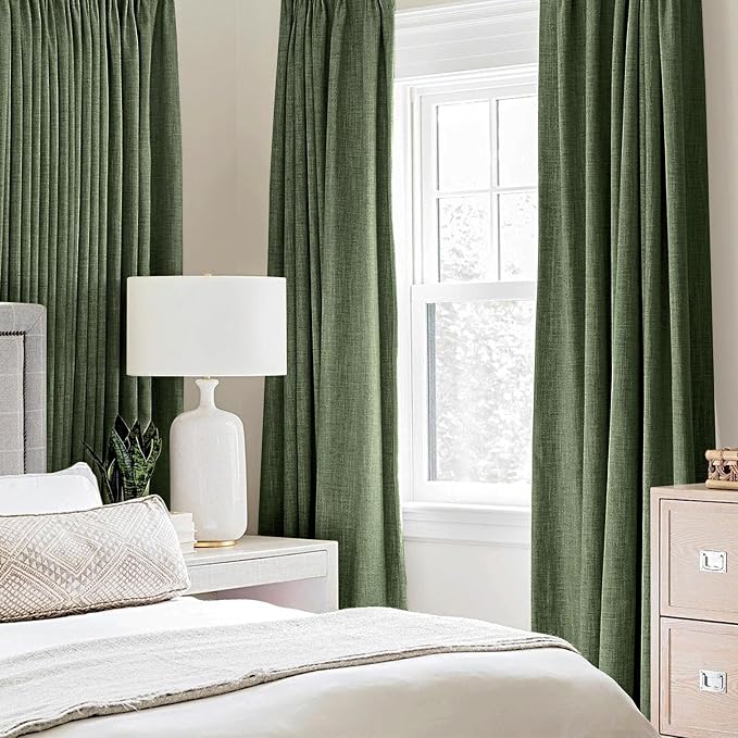 MIULEE 100% Blackout Linen Textured Curtains for Bedroom Solid Thermal Insulated Olive Green Grommet Room Darkening Curtains & Drapes Luxury Decor for Living Room 52 x 63 Inch (2 Panels)
