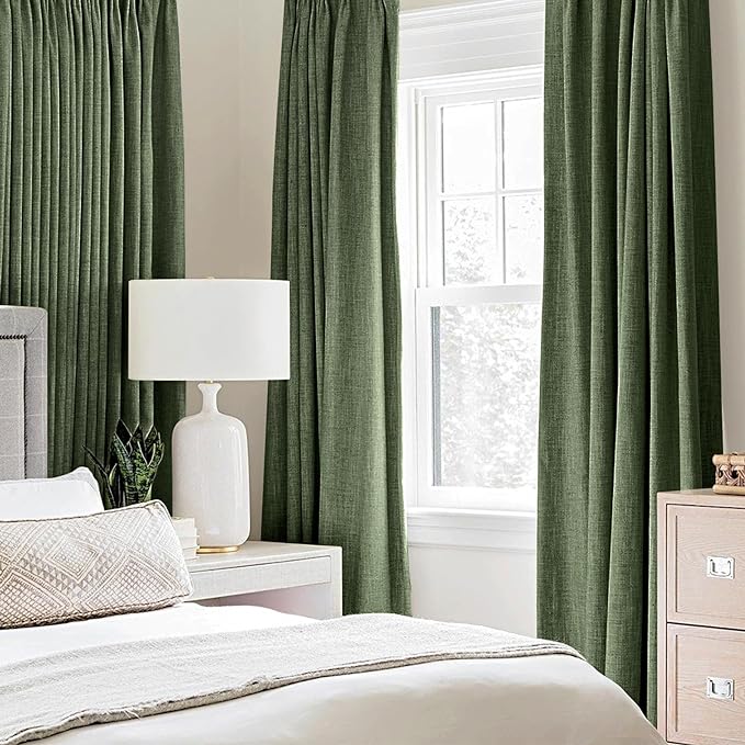 MIULEE 100% Blackout Linen Textured Curtains for Bedroom Solid Thermal Insulated Olive Green Grommet Room Darkening Curtains & Drapes Luxury Decor for Living Room 42 x 90 Inch (2 Panels)