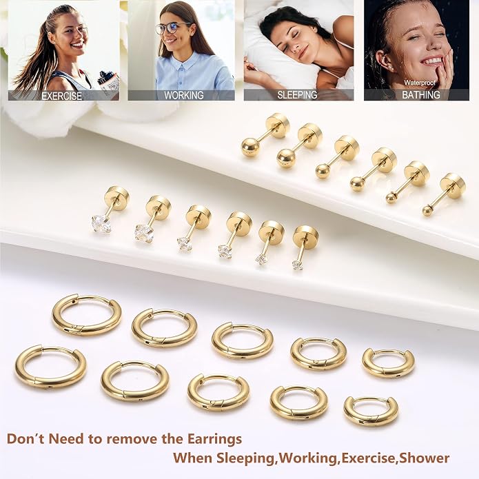 LOLIAS Small Hypoallergenic Flat Back Stud Earrings for Women Men 14K Gold Plated Surgical Stainless Steel Earring Sets Tiny Screw Back Cartilage Earrings for Sensitive Ears