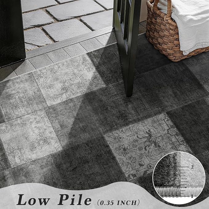 LIANLAM 2x3 Washable Entryway Rug,Non-Slip Indoor Door Mat with Vintage Boho Checkered Pattern, Stain & Water Resistant Faux Wool Low Pile for Front Door,Hall,Kitchen,Bathroom - Easy Clean(2x3,Black)