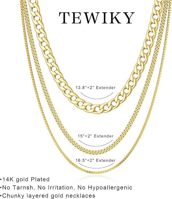 Tewiky Layered Necklaces for Women Non Tarnish- Chunky 14k Gold Plated Herringbone/Snake/Rope/Box/Cuban Link Chain for Women Waterproof Layering Stack Choker Necklace Trendy Dainty Tarnish Free Jewelry Set