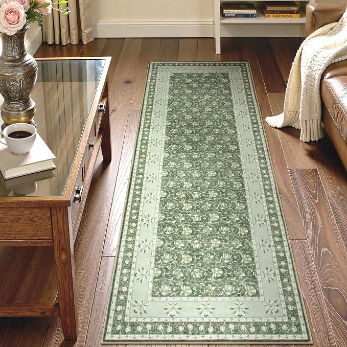 Lahome Green Washable Runner Rug, Low Plie Soft 2x6 Runner Rug Non Slip Kitchen Runner, Vintage Floral Carpet Runners for Bedroom Entryway Bathroom (2'x6', Green)