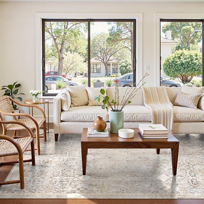 Collive Large Area Rug for Living Room 9x12, Neutral Boho Washable Area Rug 9x12 Non Slip Modern Farmhouse Bedroom Carpet Stain Resistant Ultra-Thin Low Pile Print Floor Mat for Dining Office - Beige