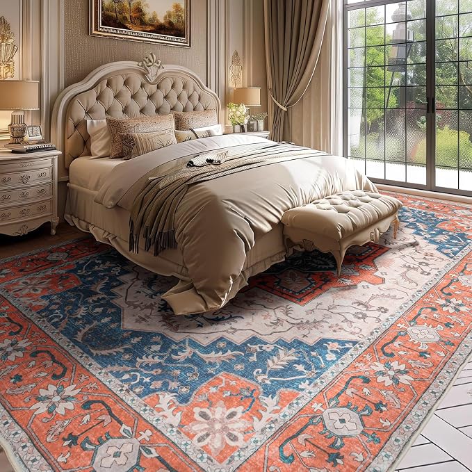 Lessymo 5x7 Area Rugs for Living Room- Machine Washable Area Rugs, Super Soft Faux-Wool Boho Bedroom Area Rug Vintage Floral Medallion Non-Slip Low Pile, Kid & Pet Friendly, Tangerine Blue