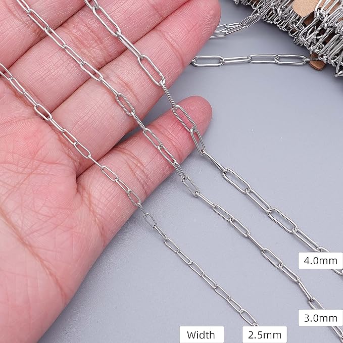 THREENEST 16.4-Feet Width 2.5mm Stainless Steel Paperclip Chains, Soldered Cable Long Craft Chain for Necklace Bracelet Earring Jewelry Making (2200-5M)
