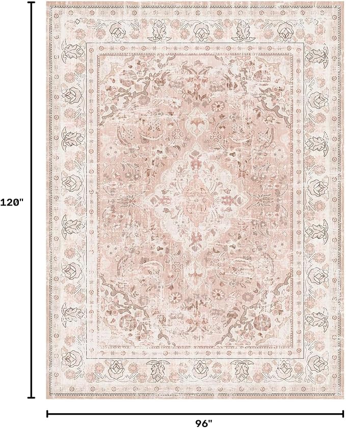 Vhong Area Rugs Boho Washable Vintage Modern Dusty Pink Large Carpet 8×10 Rugs for Dinning Room Living Room Bedroom Girls' Room Nursery Room Non Slip
