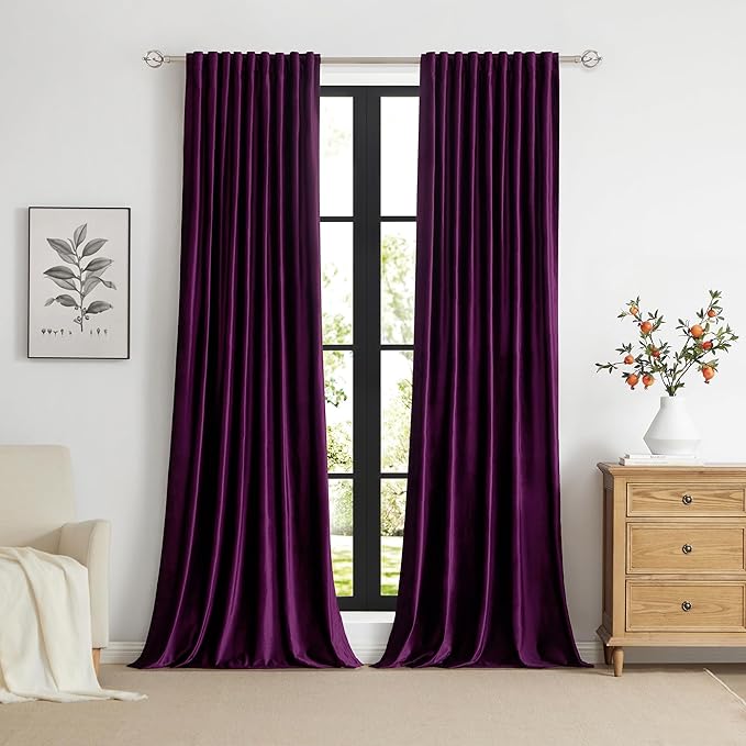 PRIMROSE Purple Velvet Curtains 120 inch Long for Living Room,Set of 2 Panels Blackout Rod Pocket Back Tab Window Treatment Room Darkening Heavy Decorative Curtains Drapes for Bedroom