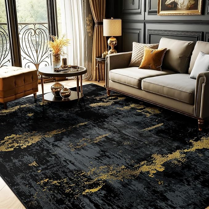 RELEANY Washable Area Rugs 9'x12' Non-Slip Modern Abstract Soft for Living Room Entryway Bedroom Kitchen, Print Pattern, Dark Black Gold