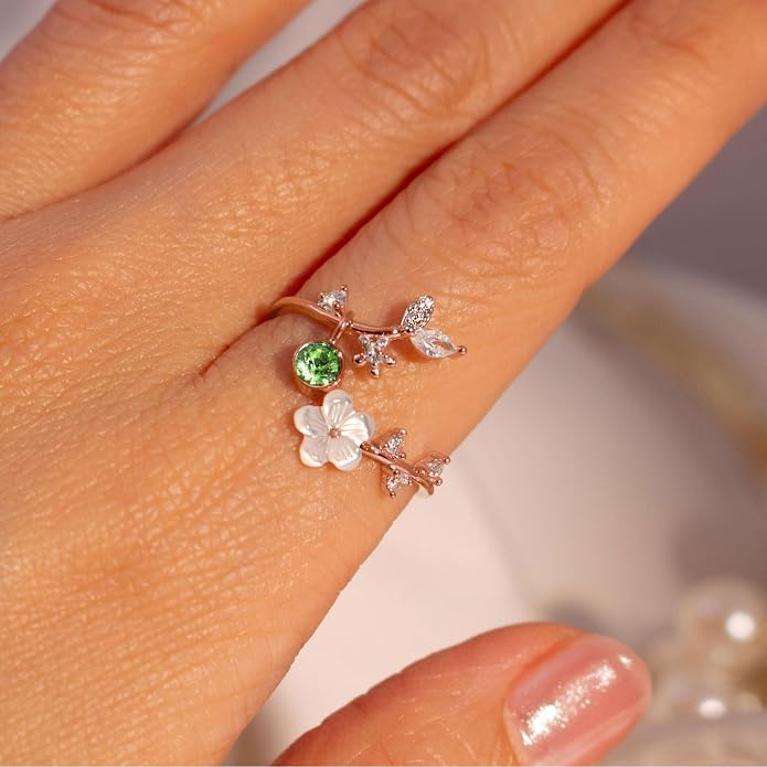Birthstone Flower Rings For Women Non Tarnish Gemstone Cubic Zirconia Mother of Pearl Adjustable Size 7-11 Silver Rose 14K Gold Plated Birth Jewelry Gift For Birthday