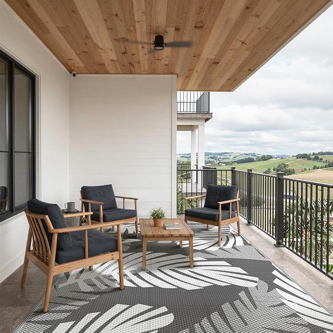 GENIMO Outdoor Rug, Waterproof Plastic Rugs for Patio, 6'x9' Grey White | Outside Larger Leaf Carpet Mat for Porch Decor, Deck, Balcony, Camping, RV, Backyard, Picnic, Beach, Reversible, Foldable