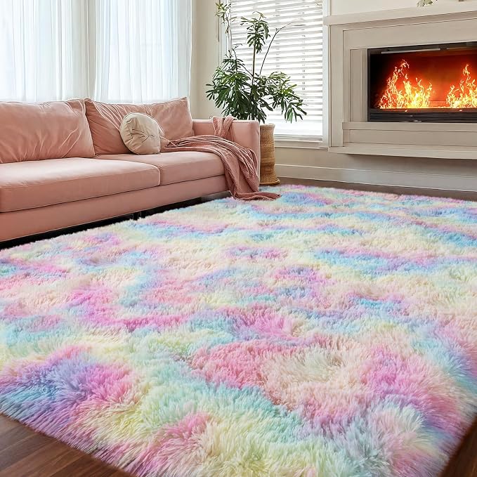 qulint 5x7 Fluffy Area Rug for Bedroom, Fuzzy Colorful Kids Rug for Girl | Plush Rainbow Living Room Carpet, Shaggy Modern Carpets for Dorm Classroom Nursery Home Decor Aesthetic