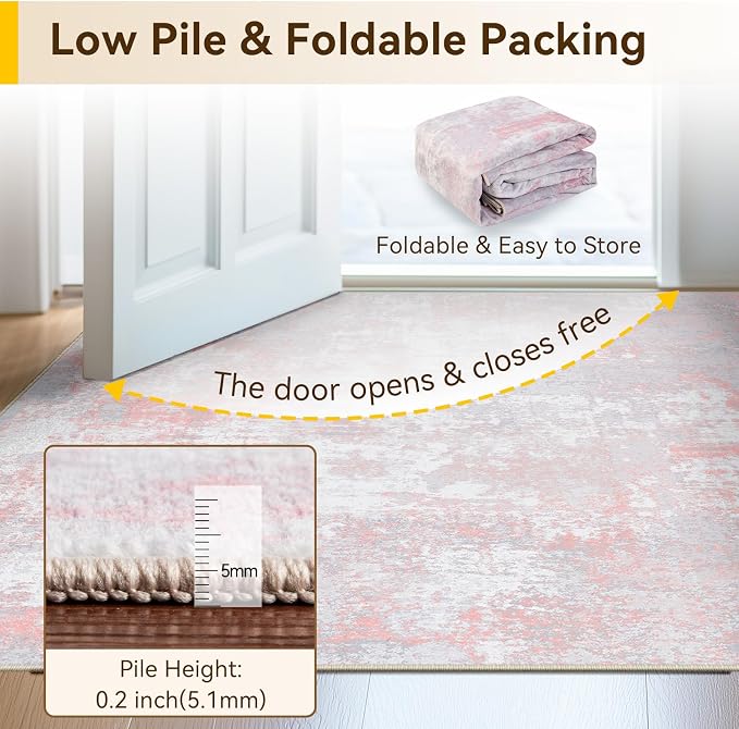 RELEANY Washable Area Rugs 6ft Non-Slip Modern Abstract Soft for Living Room Entryway Bedroom Kitchen, Print Pattern, Grey Pink