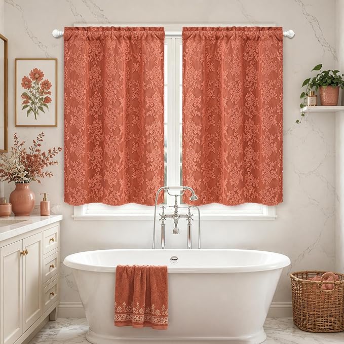 Yinhua Terracotta Kitchen Curtains 36 Inch Length Double Layer Curtain Farmhouse Blackout Curtains for Kitchen Rod Pocket Short Curtain for Windows, Bathroom, Living Room, 2 Panels
