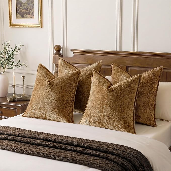 a moment Throw Pillow Covers 24X24 Inch 4 Packs,Soft Velvet Decorative Pillow Cases with 3D Ice Flower,Texture Modern Accent Cushion Covers for Sofa Couch Home Decor Golden Brown