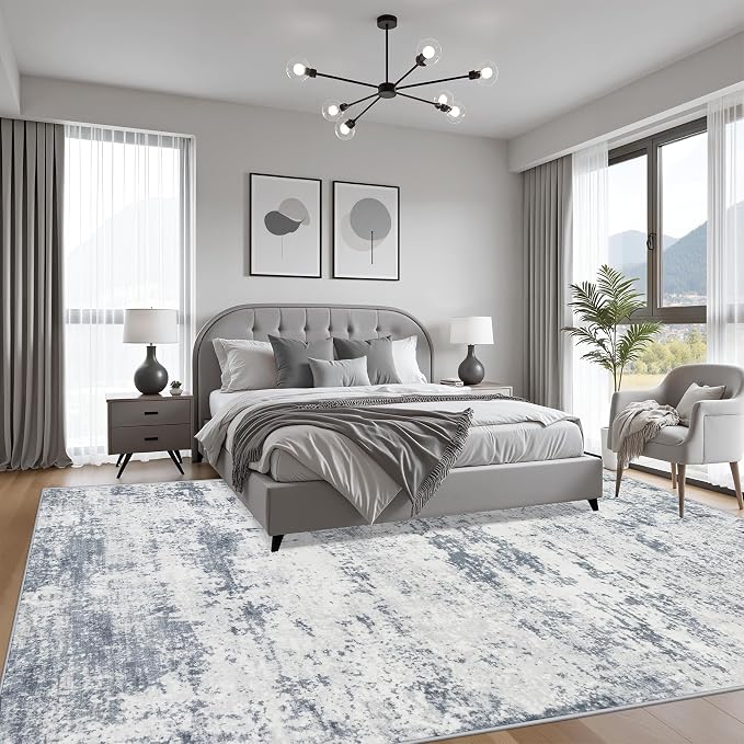 9x12 Area Rug Living Room Rug: Washable Modern Abstract Soft Thin Rug Indoor Floor No Slip Carpet for Bedroom Dining Room Farmhouse Nursery Home Office - Blue Grey