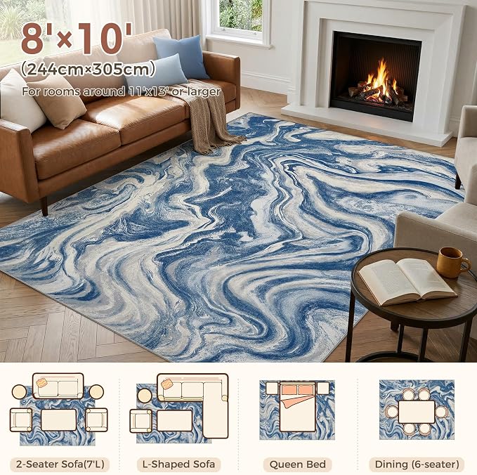 DMOYEST 8x10 Area Rug for Living Room:Washable Modern Neutral Abstract Rug with Low Pile Non Slip Soft Thin Large Indoor Carpet for Bedroom Dining Room Home Office Decor-Navy Blue
