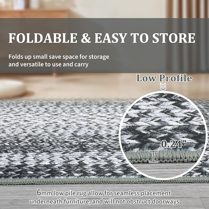 RUGSREAL Large Bedroom Rug 6x9 Machine Washable Rug Braided Print Boho Accent Throw Floor Cover Farmhouse Rustic Carpet Geometric Bordered Braided Carpet for Living Room Home Office, Grey