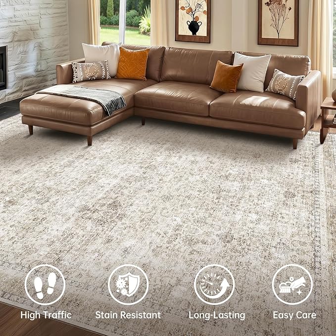 Sasttie 9x12 Area Rug, Ultra-Soft Washable Rug, Low Pile Foldable Thin Carpets with Non-Slip Backing, Skin-Friendly Stain Resistant Carpet for Living Room, Bedroom, Kitchen, Dorm, 9x12, Beige