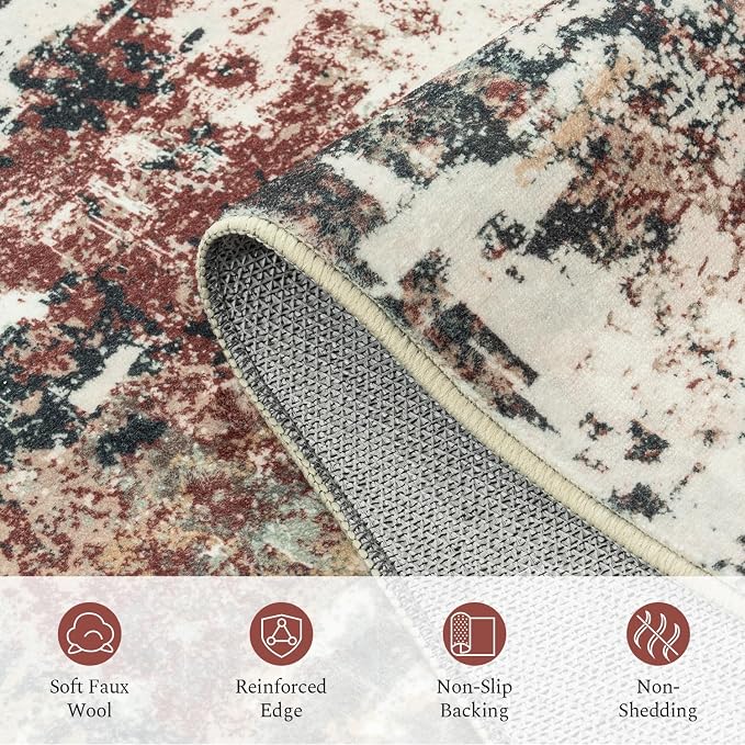 Rugflix 9x12 Area Rugs for Living Room, Washable Large Rug Stain-Resistant Low Pile, Modern Carpet for Dining Room Home Office Kid Room Nursery Bedroom, Rust
