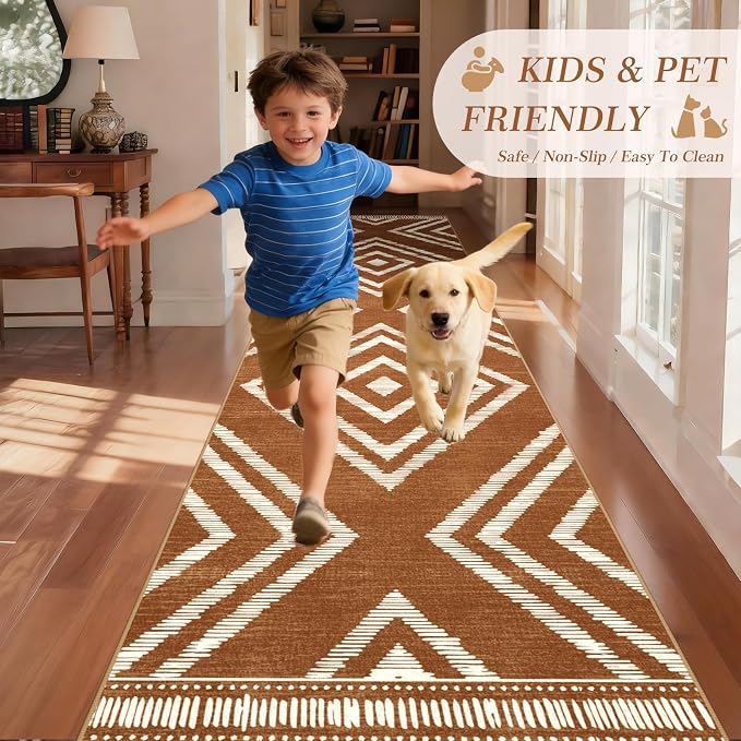 Boho Runner Rugs for Hallway 2.6x12ft Non Slip, Long Brown Washable Farmhouse Kitchen Rug Runners Non Shedding, Moroccan Floor Carpets for Doorway Entryway Living Room Home Decor