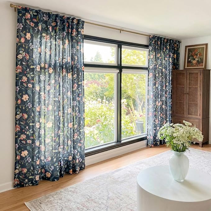 jinchan Dark Blue Floral Linen Curtains 96 Inch Vintage Back Tab 2 Panels | Light filtering, semi sheer, farmhouse, cottage core, privacy, drapes, living room, bedroom, window treatment, home decor