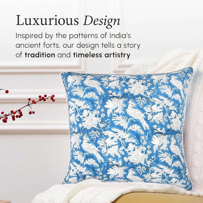 CPC 100% Cotton Throw Pillow Covers 24x24 Inch, Set of 2 Blue Block Print Pattern Couch Pillow, Cute Boho Decorative Pillows for Living Room, Bedroom with Hidden Zipper- Blue Sapphire