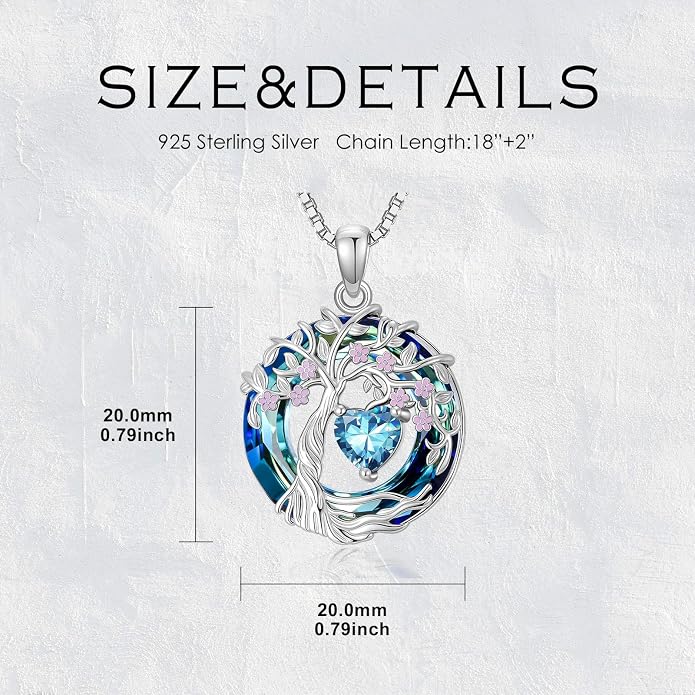 Tree of Life Birthstone Necklace 925 Sterling Silver Crystal Tree of Life Pendant Birthstone Jewelry Birthday Christmas Gifts for Women Mom Her Wife