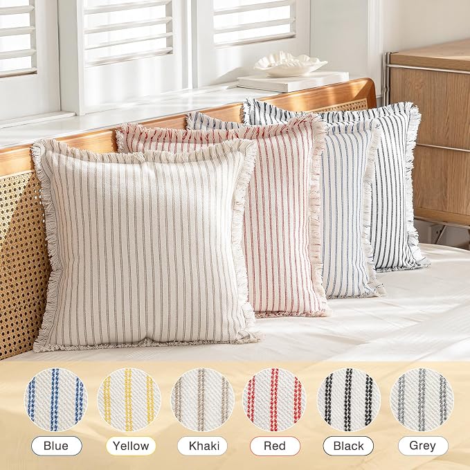 YEENAASY Throw Pillow Covers 20x20 Set of 2 Striped Fringe Pillow Cover Farmhouse Cushion Covers with Tassel Neutral Boho Pillows Decorative Square Pillowcase for Couch Sofa Bed, Black