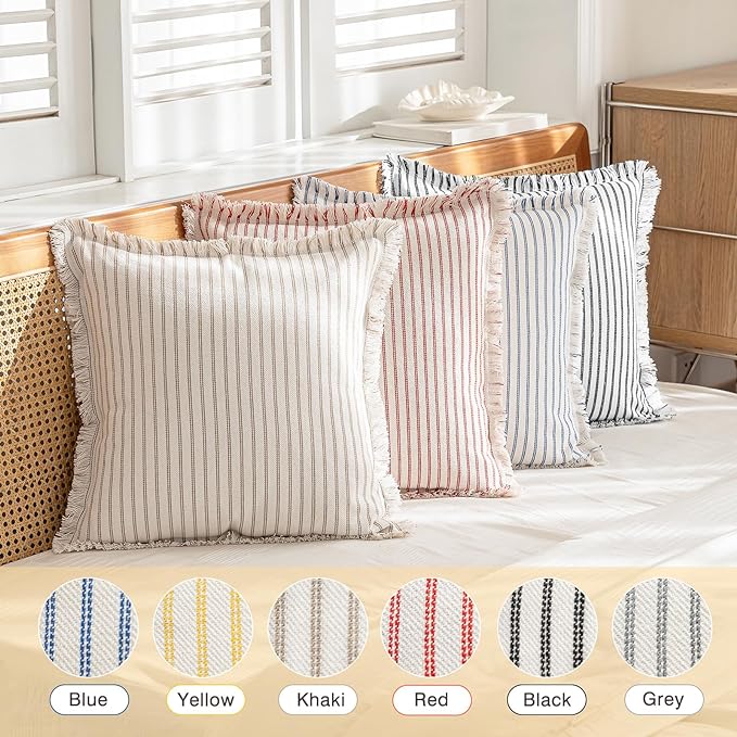 YEENAASY Throw Pillow Covers 26x26 Set of 2 Striped Fringe Pillow Cover Farmhouse Cushion Covers with Tassel Neutral Boho Pillows Decorative Square Pillowcase for Couch Sofa Bed, Red