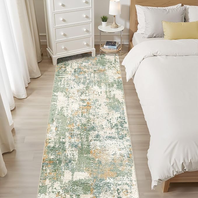 Runner Rug Kitchen Washable Rugs: 3x10 Non-Slip Abstract Soft Modern Stain Resistant Indoor Floor Neutral Accent Throw Carpet for Hallway Bathroom Laundry Room Entryway Bedroom- Green
