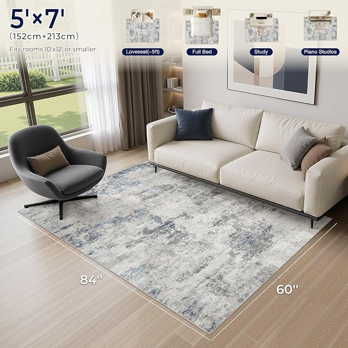 DMOYEST 5x7 Area Rug - Washable & Non Slip Indoor Rug for Living Room, Kid & Pet Friendly Abstract Low Pile Soft Carpet for Bedroom and Dining Room - Grey Blue