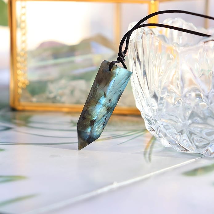 Runyangshi Healing Crystal Pendants, Single Pointed Natural Crystal Quartz Necklace 6 Faceted Chakra Crystal Wand Stone Reiki Energy