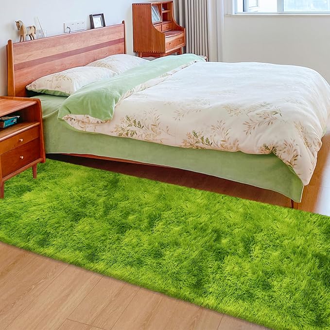 Grass Green Tie Dyed Rug 2x8 ft Plush High Pile Shag Carpet Fluffy Soft Runner Bedside Rug for Bedroom Living Room Hallway Nursery Kids Home Decor