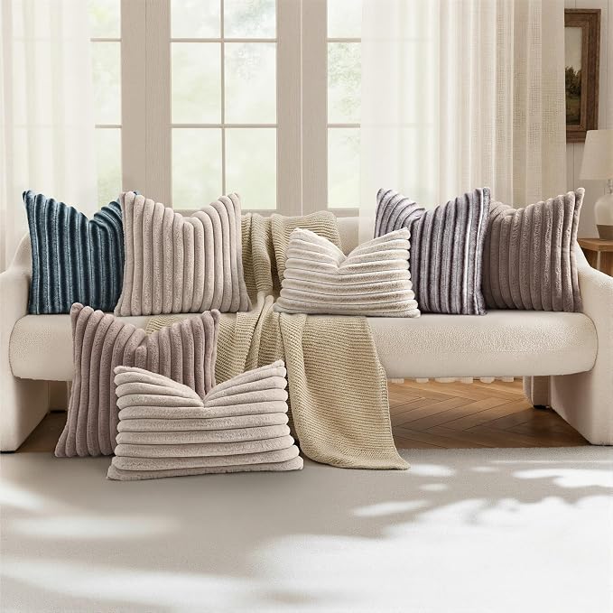 decorUhome Fall Faux Fur Throw Pillow Covers 20x20 Set of 2 Beige White | Decorative Soft Cozy Striped Plush Modern Farmhouse Boho Couch Pillow Cases Velvet Back for Sofa Bed Living Room Home Decor