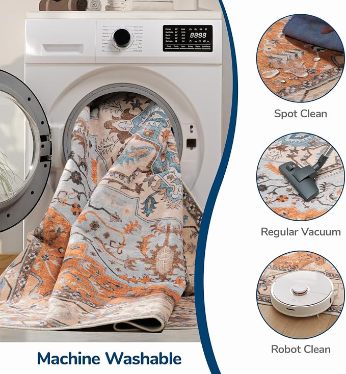 Lessymo 5x7 Area Rugs- Machine Washable Area Rugs, Super Soft Faux-Wool Area Rug for Living Room Bedroom, Boho Area Rug Vintage Floral Medallion Non-Slip Low Pile, Orange Beige