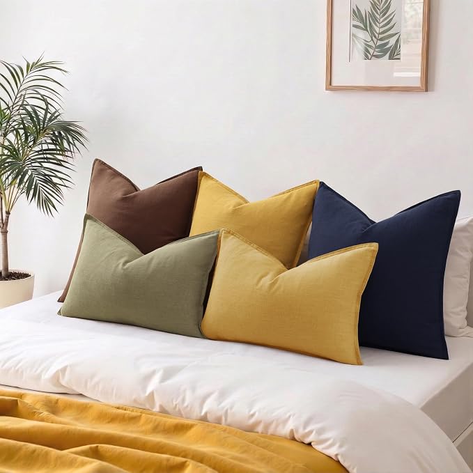 decorUhome Fall Olive Green Linen Throw Pillow Covers 12x20 Set of 2 | Decorative Soft Cozy Modern Farmhouse Boho Accent Pillow Cases with Flange Edges for Couch Bed Sofa Living Room Home Decor