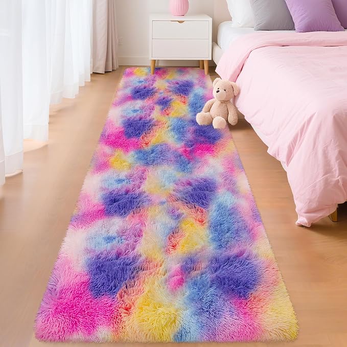 Soft Fluffy Pink Rainbow Rug for Girls Bedroom Carpet 2x8 Tie Dyed Shag Runner Fuzzy Bedside Kids Princess Rug for Girls Bedroom Living Room Hallway Nursery Kids Unicorn Home Decor