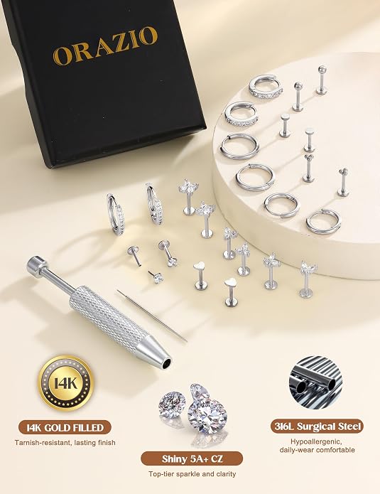 ORAZIO 16G/18G/20G Flat Back Earrings for Women Threadless 316L Surgical Steel Stud Hoop Earrings Push in Nose Studs Hypoallergenic Cartilage Earring Stacks Labret Helix Tragus Conch Piercing Jewelry