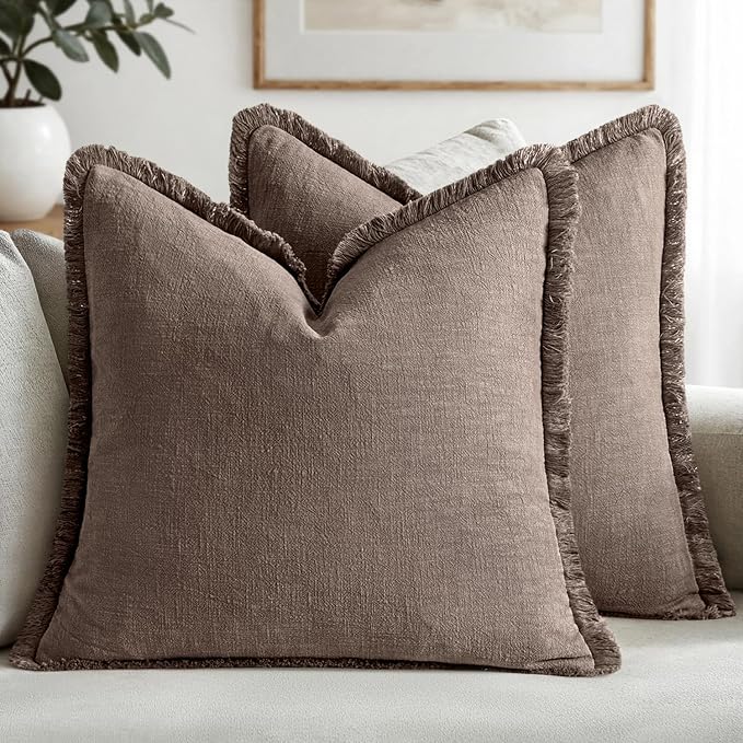 MIULEE Decorative Throw Pillow Covers Neutral Linen Fringe Throw Pillows Set of 2 Malt Ball Boho Farmhouse Cushion Covers with Tassels for Couch Sofa Bed Living Room Fall Decor 20x20 Inch
