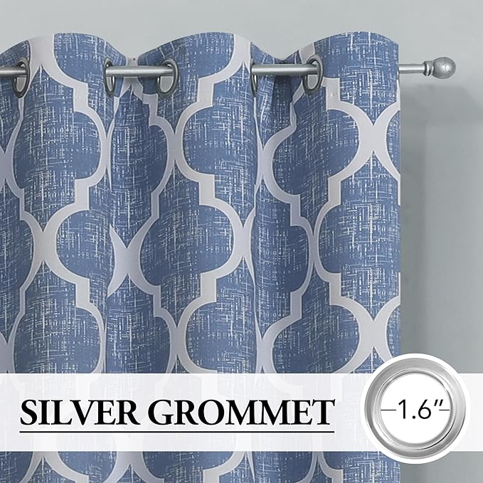 Beauoop Moroccan 100% Blackout Curtains Bedroom Blue 50x90 2 Panels | Geometric Room Darkening Drapes for Living Room 90 Inch Long Thermal Insulated Soundproof Lattice Window Treatment Grommet